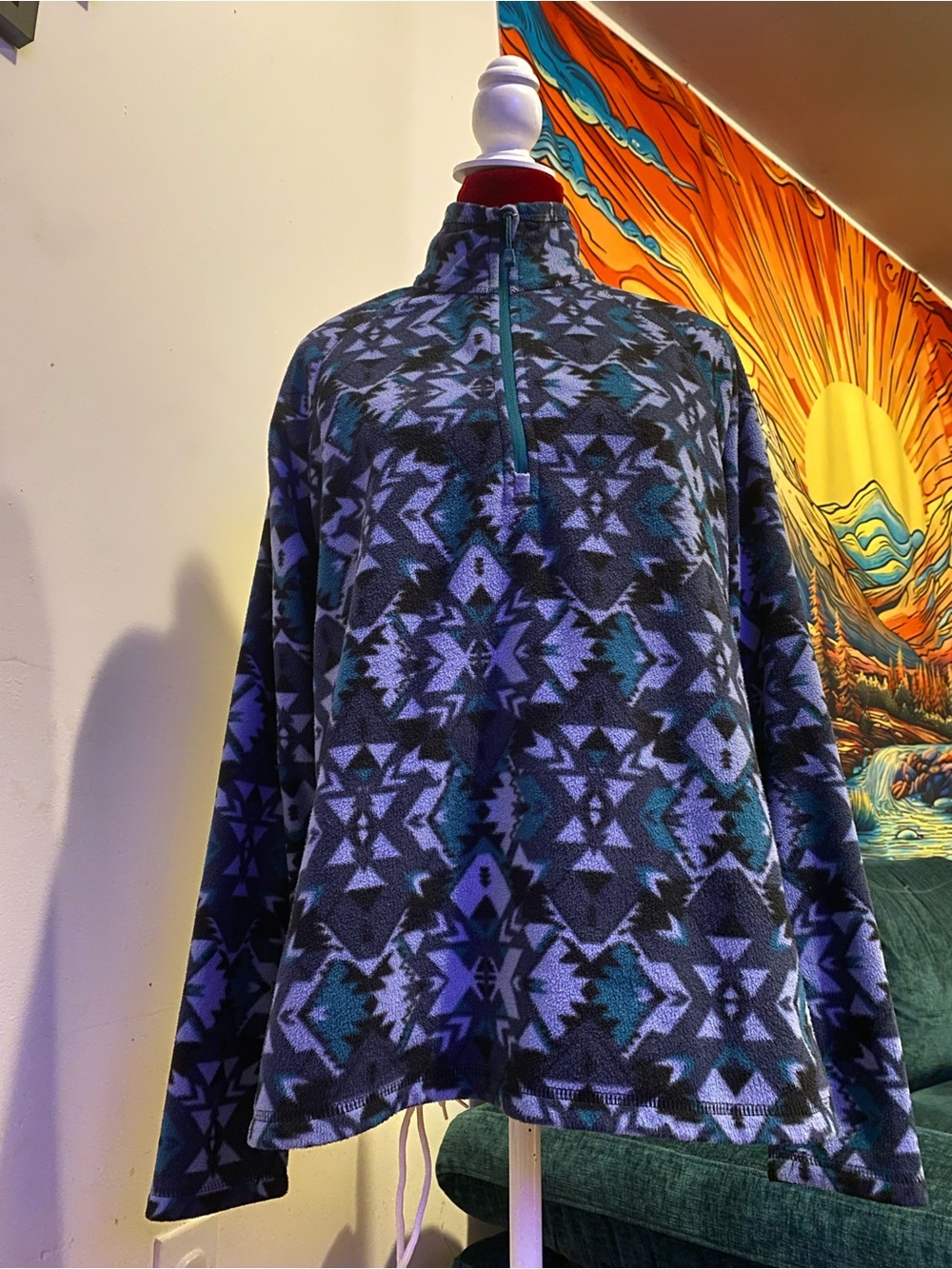 Eddie Bauer Teal, Navy & Black Geometric Quarter-Zip Fleece